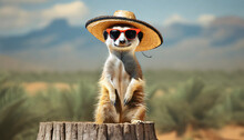 Smiling Meerkat With Sunglasses And Sombrero Stand On Stump.	