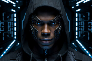 Generative AI picture of hacker criminal breaking binary code stealing data