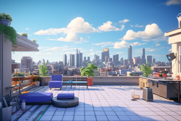 Wall Mural - Metaverse rooftop landscape 3D rendering.