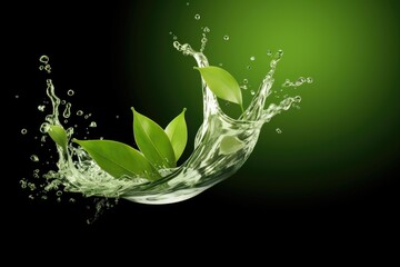 Poster - A refreshing water splash with a vibrant green leaf. Perfect for illustrating concepts of nature, freshness, and hydration