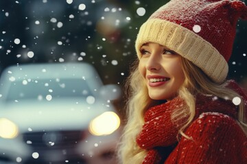 Poster - A woman wearing a red and white hat and scarf. Suitable for winter fashion or cold weather concepts
