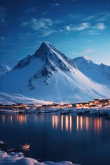 Poster - A picturesque scene of a boat peacefully floating on top of a lake with a majestic snow-covered mountain in the background. Perfect for nature and travel-related projects