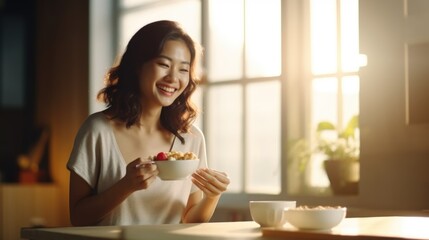 Poster - A woman is seated at a table, with a bowl of food in front of her. This image can be used to depict a person enjoying a meal or for illustrating healthy eating habits