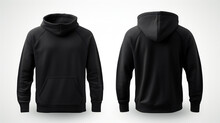 Set Of Black Front And Back View Tee Hoodie On White Background. 