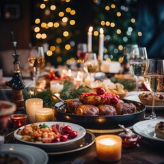 Poster - A table set with plates of food and candles. Perfect for a romantic dinner or special occasion