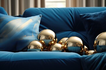 Aufkleber - A blue couch adorned with gold ornaments. Perfect for adding a touch of elegance to any room