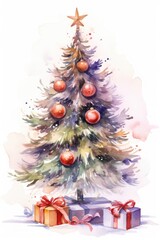 Aufkleber - A watercolor painting of a Christmas tree with beautifully wrapped presents underneath. Perfect for holiday-themed designs and festive decorations