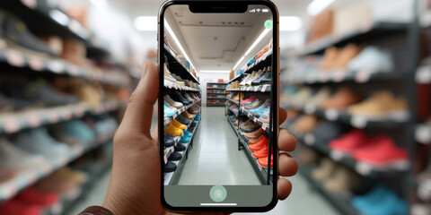 Poster - A person holding up a cell phone in a store. Can be used to depict shopping, technology, or mobile communication