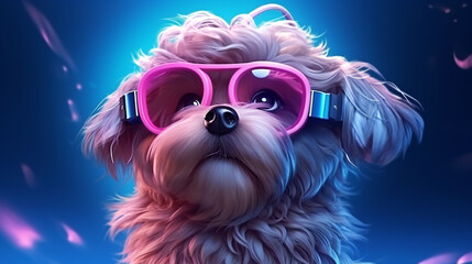 Wall Mural - futuristic illustration of petfluencer character Maltese Poodle dog in VR goggles illuminated with pink light against neon blue background,