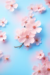 Poster - A bunch of pink flowers on a blue surface. Can be used for various floral-themed designs