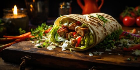 Poster - A delicious burrito sitting on top of a wooden cutting board. Perfect for food enthusiasts and Mexican cuisine lovers