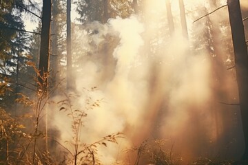 Poster - A picturesque view of a dense forest filled with towering trees. Perfect for nature enthusiasts and outdoor adventure campaigns
