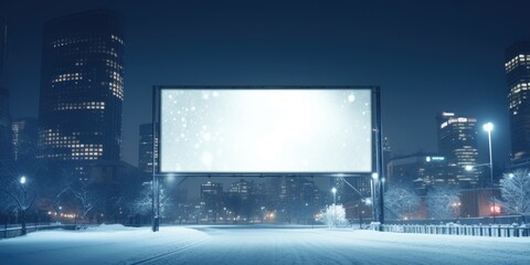 Aufkleber - A billboard standing tall in the middle of a snowy city. Perfect for showcasing advertisements and promotions in a winter setting