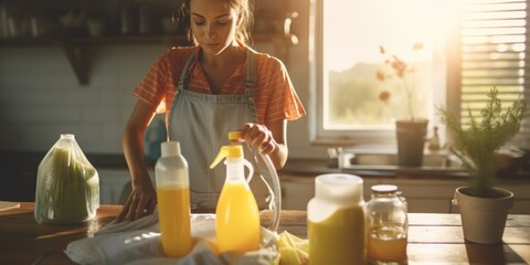 Poster - A woman in an apron cleaning a table. Perfect for household cleaning, restaurant scenes, or kitchen-related themes