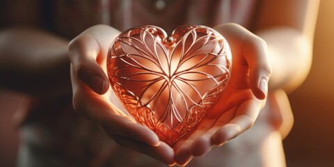 Poster - A person holding a glass heart in their hands. Suitable for various occasions and themes
