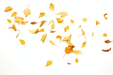 Poster - A bunch of yellow leaves flying in the air. Suitable for autumn-themed designs and nature-related projects