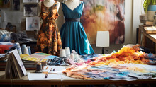 From Above Of Various Fashion Dresses Sketches Near Fabric Swatches And Palette In Workshop
