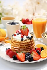 Poster - A mouthwatering image of delicious pancakes topped with an assortment of fresh fruits. Perfect for breakfast or brunch promotions