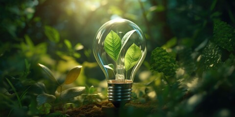 Poster - A light bulb with a plant inside. Perfect for illustrating the concept of growth and sustainability