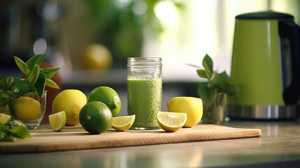 Poster - A jar of green liquid is placed on a cutting board, accompanied by fresh lemons. This image can be used to depict healthy eating, natural ingredients, or the preparation of refreshing beverages