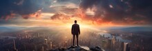 Businessman Stands Thoughtfully On A Mountain Overlooking A City With Dramatic Clouds In The Sky