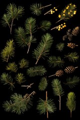 Poster - Pine branches and cones arranged in a bunch on a black background. Suitable for various projects and designs