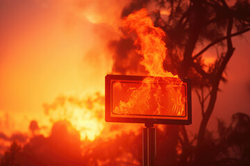Aufkleber - A street sign with a fire in the background. Can be used to depict danger, warning signs, or emergency situations.