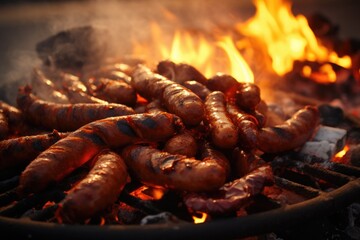 Poster - A bunch of sausages cooking on a grill. Suitable for barbecue and cooking concepts