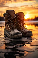 Poster - A pair of boots sitting on top of a puddle of water. Suitable for various outdoor and rainy day themes