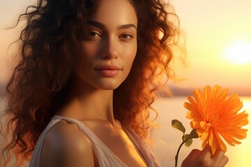 Poster - A woman holds a flower against a beautiful sunset. Ideal for romantic, nature, or mindfulness concepts