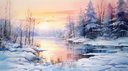 Aufkleber - A beautiful watercolor painting depicting a serene winter scene. Perfect for adding a touch of elegance and tranquility to any space