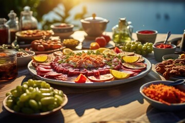 Poster - A table filled with an abundant variety of food, set on top of a sturdy wooden table. Perfect for showcasing a delicious meal or for food-related projects