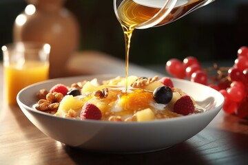 Poster - A bowl of oatmeal topped with a variety of fresh fruits and a drizzle of honey. Perfect for a healthy breakfast or snack