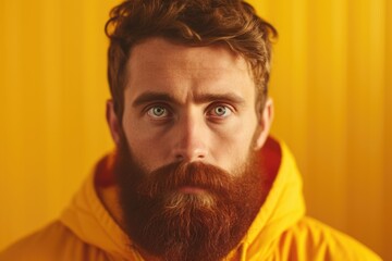 Poster - A man with a beard wearing a yellow jacket. Suitable for various outdoor activities