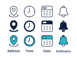 Wall Mural - Place, Time, Date and Notification line icons. Calendar, address location pointer and alarm bell. Notice alert, business schedule and office time clock. Location place, date reminder. Vector