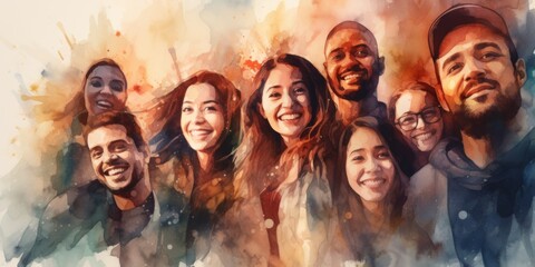 Aufkleber - A painting depicting a group of people with joyful expressions. Perfect for adding a cheerful touch to any project
