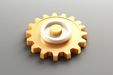 Poster - A yellow gear wheel with a white center on a gray surface. Ideal for industrial and mechanical concepts