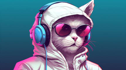 Wall Mural - fantasy character with cat head in sunglasses and headphones wearing white jacket listening to music against blue background