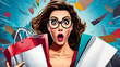 Amazed young sexy woman in glasses with shopping bags in comic style. Pop Art wow girl. Advertising poster with surprised female