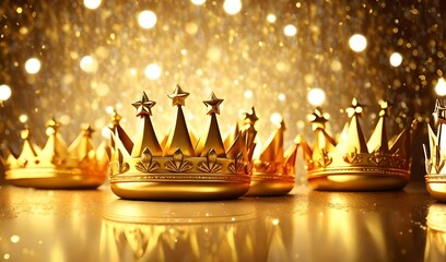 Three gold shiny crowns on festive background. Three Kings day or Epiphany day holiday celebration night background 