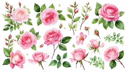 Wall Mural - Watercolor Rose Arrangements and Botanical Illustrations Isolated on White Background