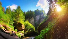 Fabulous View From The Bottom Of Canyon To The Top Of Trees Green Summer Scene Of Popular Tourist Destination Protyati Kameni Amazing Landscape Of Carpathian Mountains Ukraine