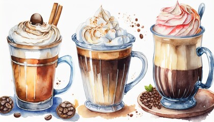 Wall Mural - watercolor style illustration of glass of hot coffee with whipped cream collection set generative ai