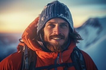 Poster - A man with a beard wearing a red jacket and a hat. Suitable for various uses