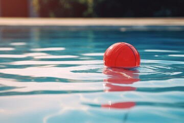 Poster - A red ball floating in a pool of water. Can be used to represent leisure, relaxation, or summer activities