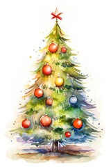 Wall Mural - A beautiful watercolor painting of a Christmas tree adorned with colorful ornaments. Perfect for holiday-themed designs and festive decorations