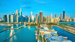 Navy Pier on Lake Michigan aerial of Chicago, IL city skyscrapers with sunny dawn