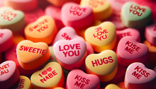 A Close-up View Of Colorful Candy Hearts With Valentine's Messages On Them. The Candies Are In Soft Pastel Colors Like Pink, Yellow, Green, And Blue. 