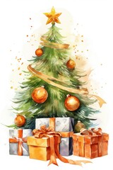 Poster - A watercolor painting of a Christmas tree adorned with presents. Perfect for holiday-themed designs and festive decorations