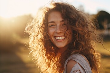 Poster - A woman with long curly hair smiling at the camera. Suitable for various uses